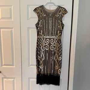 Chic Black and Gold Embellished Midi Dress